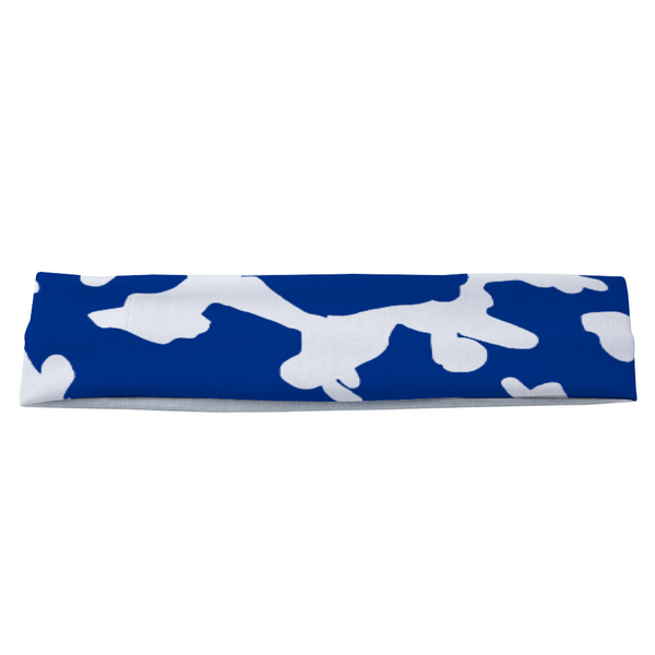 Athletic sports sweatband headband for youth and adult football, basketball, baseball, and softball printed with camo blue and white