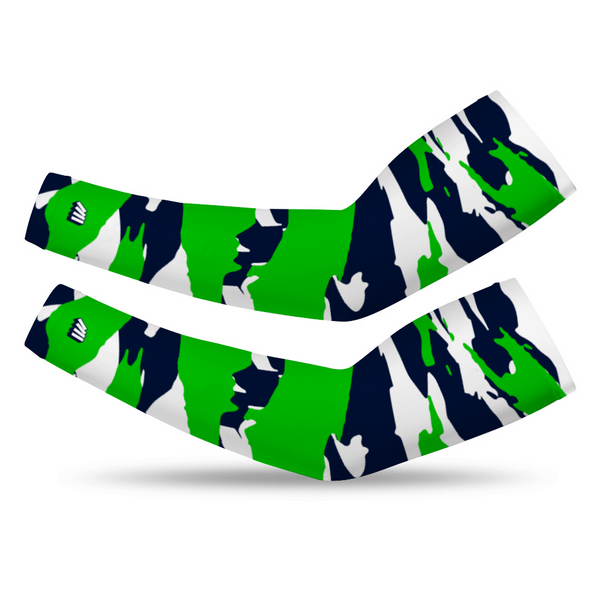 Athletic sports compression arm sleeve for youth and adult football, basketball, baseball, and softball printed with predator green, blue, and white Seattle Seahawks