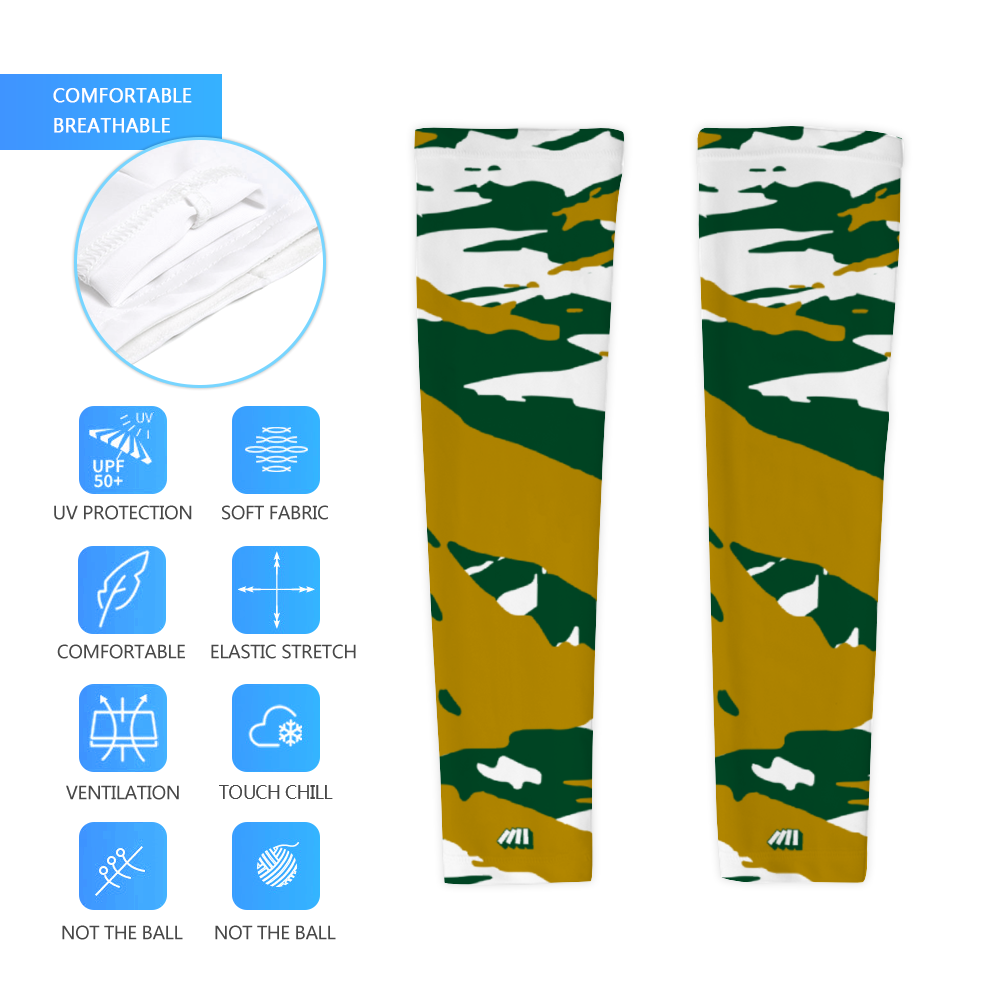 Athletic sports compression arm sleeve for youth and adult football, basketball, baseball, and softball printed with green, gold, and white colors Colorado State Rams. 