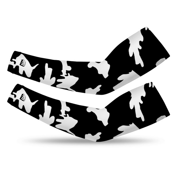 Athletic sports compression arm sleeve for youth and adult football, basketball, baseball, and softball printed with camo black, white