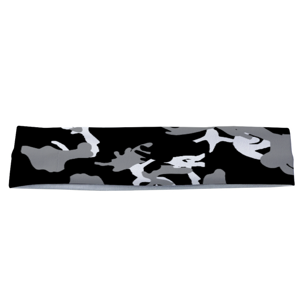 Athletic sports sweatband headband for youth and adult football, basketball, baseball, and softball printed with camo black, gray, and white