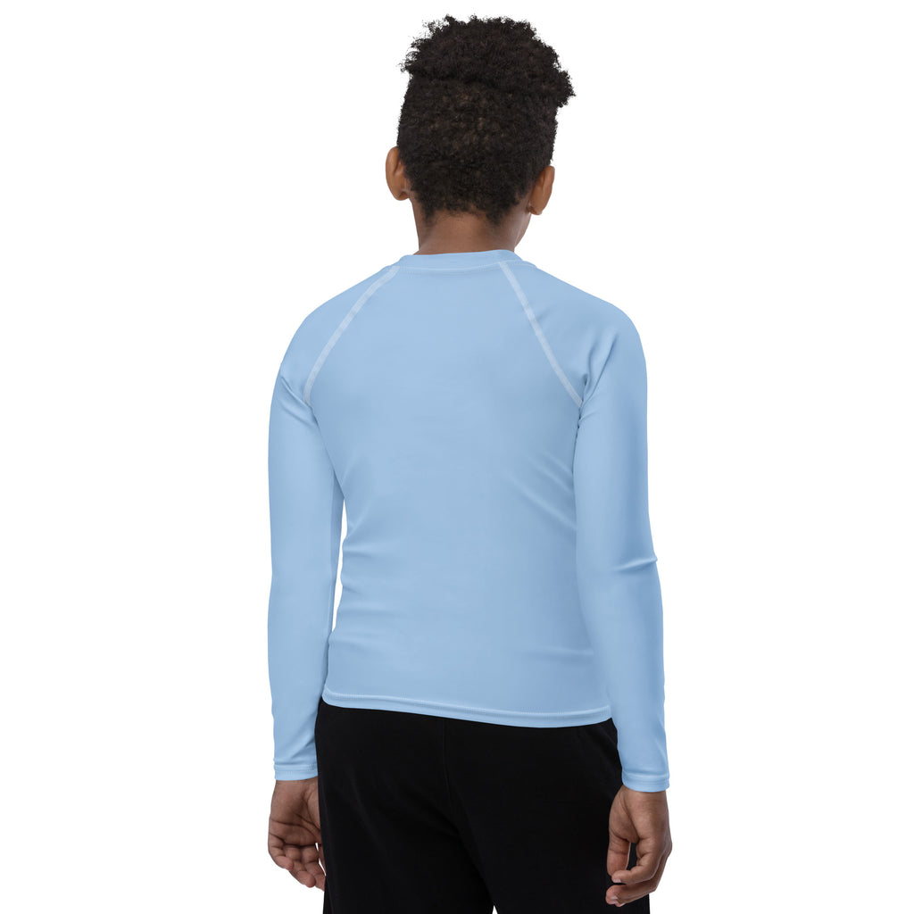 Athletic sports compression shirt for youth football, basketball, baseball, golf, softball etc similar to Nike, Under Armour, Adidas, Sleefs, printed in baby blue colors