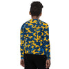 Athletic sports compression shirt for youth football, basketball, baseball, golf, softball etc similar to Nike, Under Armour, Adidas, Sleefs, printed with camouflage navy blue, powder blue, and yellow Los Angeles Chargers colors