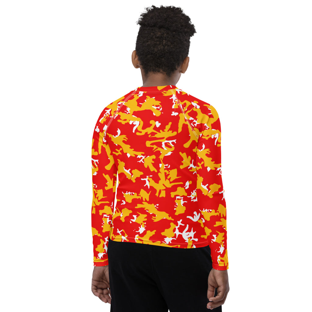 Athletic sports compression shirt for youth football, basketball, baseball, golf, softball etc similar to Nike, Under Armour, Adidas, Sleefs, printed with camouflage red, yellow and white Kansas City Chiefs colors