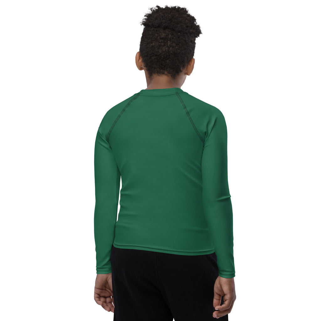 Athletic sports compression shirt for youth football, basketball, baseball, golf, softball etc similar to Nike, Under Armour, Adidas, Sleefs, printed with in forest green color