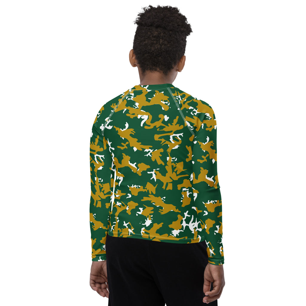 Athletic sports compression shirt for youth football, basketball, baseball, golf, softball etc similar to Nike, Under Armour, Adidas, Sleefs, printed with camouflage green, gold and white Colorado State Rams colors