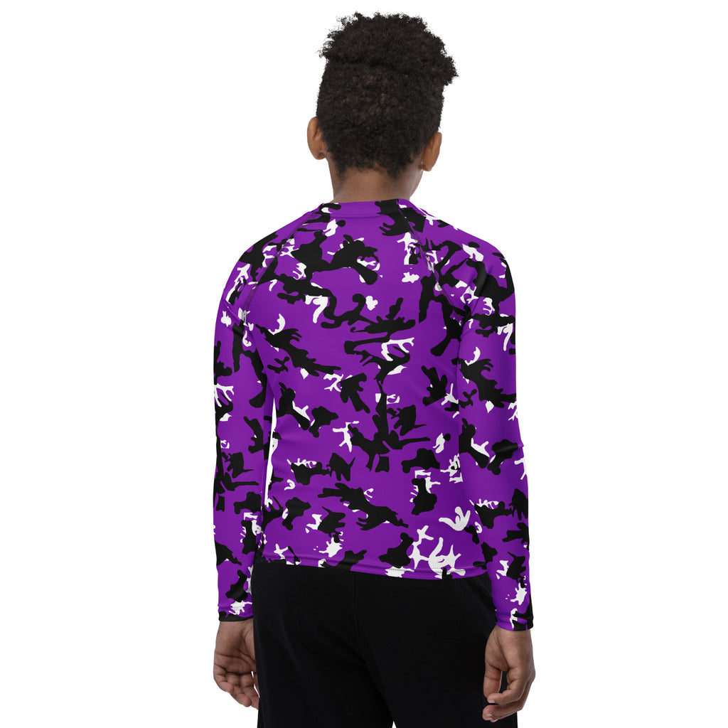 Athletic sports compression shirt for youth football, basketball, baseball, golf, softball etc similar to Nike, Under Armour, Adidas, Sleefs, printed with camouflage purple, black and white Colorado Rockies colors