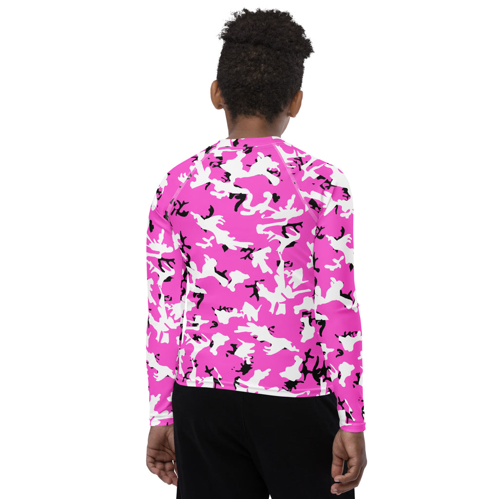 Athletic sports compression shirt for youth football, basketball, baseball, golf, softball etc similar to Nike, Under Armour, Adidas, Sleefs, printed with camouflage pink, black and white colors