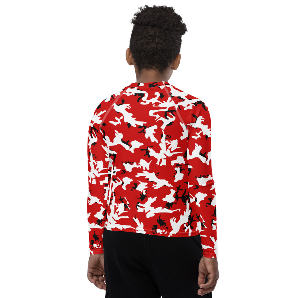 Athletic sports compression shirt for youth football, basketball, baseball, golf, softball etc similar to Nike, Under Armour, Adidas, Sleefs, printed with camouflage red, black and white Chicago Bulls colors