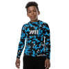Athletic sports compression shirt for youth football, basketball, baseball, golf, softball etc similar to Nike, Under Armour, Adidas, Sleefs, printed with camouflage blue and white colors