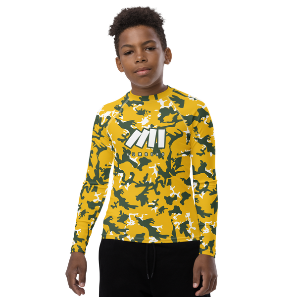 Athletic sports compression shirt for youth football, basketball, baseball, golf, softball etc similar to Nike, Under Armour, Adidas, Sleefs, printed with camouflage yellow, green, and white Green Bay Packers colors