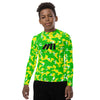 Athletic sports compression shirt for youth football, basketball, baseball, golf, softball etc similar to Nike, Under Armour, Adidas, Sleefs, printed with camouflage fluorescent yellow, green, and white Oregon Ducks colors