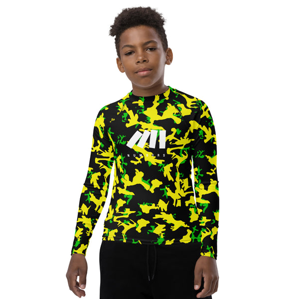 Athletic sports compression shirt for youth football, basketball, baseball, golf, softball etc similar to Nike, Under Armour, Adidas, Sleefs, printed with camouflage fluorescent yellow, green, and black Oregon Ducks colors