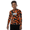 Athletic sports compression shirt for youth football, basketball, baseball, golf, softball etc similar to Nike, Under Armour, Adidas, Sleefs, printed with camouflage orange, black white San Francisco Giants colors
