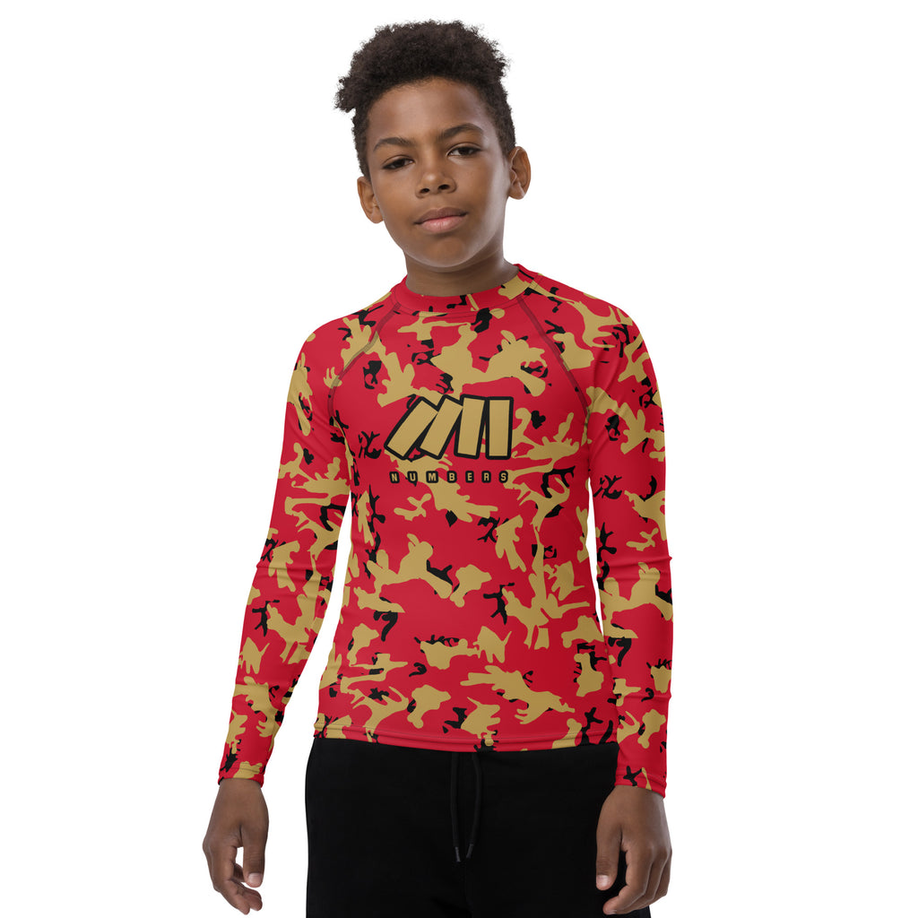 Athletic sports compression shirt for youth football, basketball, baseball, golf, softball etc similar to Nike, Under Armour, Adidas, Sleefs, printed with camouflage red, gold and black San Francisco 49'ers colors