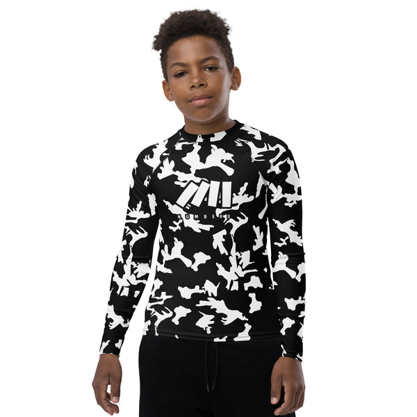 Athletic sports compression shirt for youth football, basketball, baseball, golf, softball etc similar to Nike, Under Armour, Adidas, Sleefs, printed with camouflage black and white colors like the Brooklyn Nets