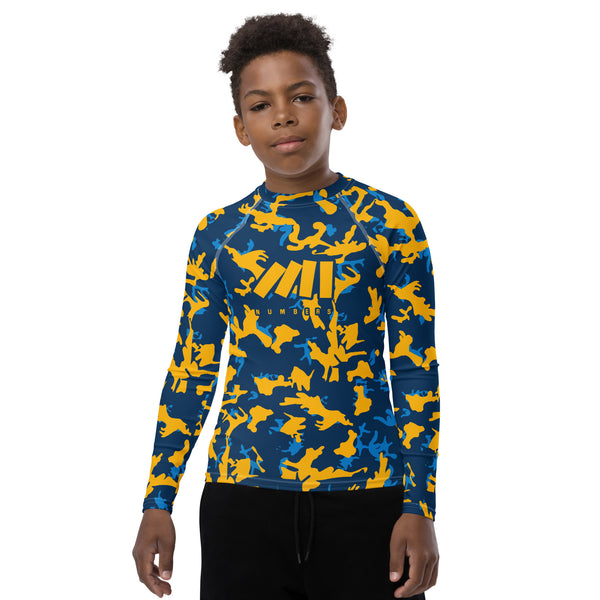 Athletic sports compression shirt for youth football, basketball, baseball, golf, softball etc similar to Nike, Under Armour, Adidas, Sleefs, printed with camouflage navy blue, powder blue, and yellow Los Angeles Chargers colors