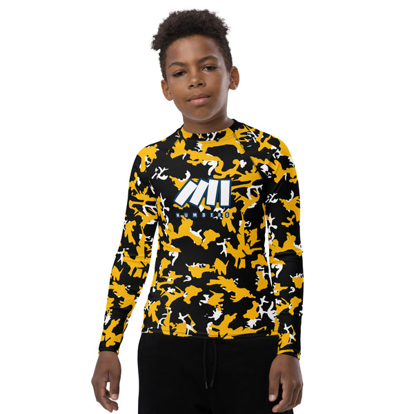 Athletic sports compression shirt for youth football, basketball, baseball, golf, softball etc similar to Nike, Under Armour, Adidas, Sleefs, printed with camouflage black, yellow and white Pittsburgh Steelers  colors