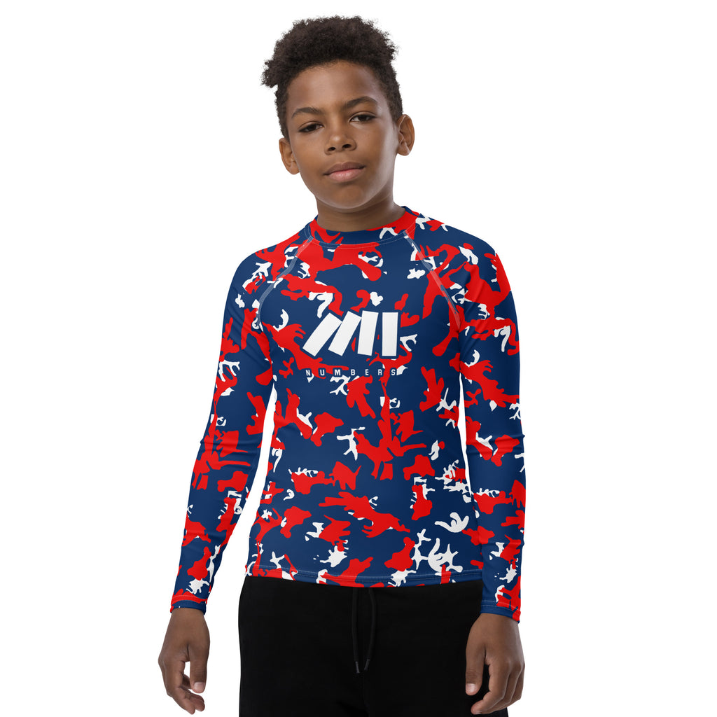 Athletic sports compression shirt for youth football, basketball, baseball, golf, softball etc similar to Nike, Under Armour, Adidas, Sleefs, printed with camouflage red, blue and white Atlanta Braves colors