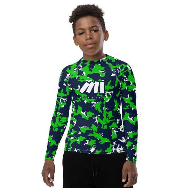 Athletic sports compression shirt for youth football, basketball, baseball, golf, softball etc similar to Nike, Under Armour, Adidas, Sleefs, printed with camouflage blue, green, and white Seattle Seahawks colors