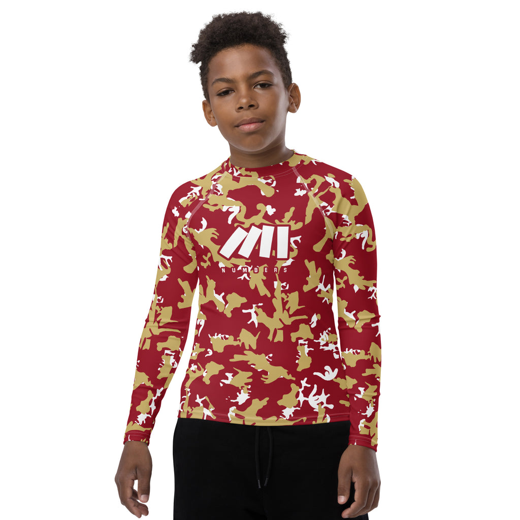 Athletic sports compression shirt for youth football, basketball, baseball, golf, softball etc similar to Nike, Under Armour, Adidas, Sleefs, printed with camouflage maroon, gold and white Florida State Seminoles colors