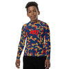 Athletic sports compression shirt for youth football, basketball, baseball, golf, softball etc similar to Nike, Under Armour, Adidas, Sleefs, printed with camouflage navy blue, red and gold New Orleans Pelicans colors
