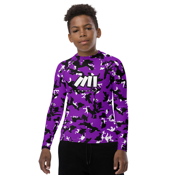 Athletic sports compression shirt for youth football, basketball, baseball, golf, softball etc similar to Nike, Under Armour, Adidas, Sleefs, printed with camouflage purple, black and white Colorado Rockies colors