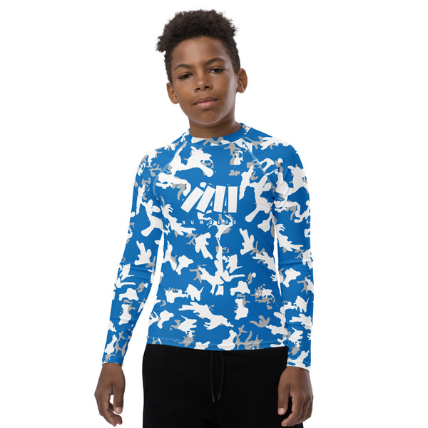 Athletic sports compression shirt for youth football, basketball, baseball, golf, softball etc similar to Nike, Under Armour, Adidas, Sleefs, printed with camouflage blue, gray and white Detroit Lions colors