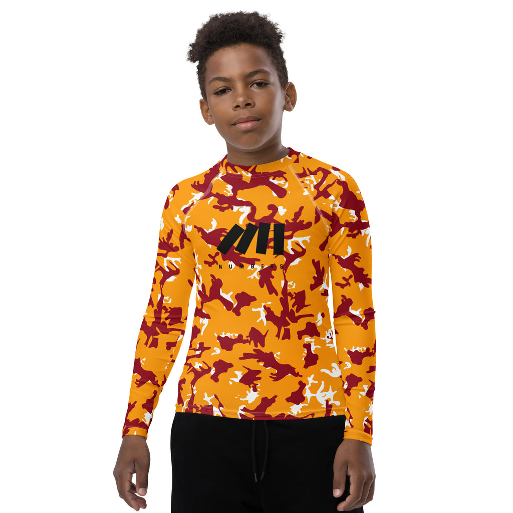 Athletic sports compression shirt for youth football, basketball, baseball, golf, softball etc similar to Nike, Under Armour, Adidas, Sleefs, printed with camouflage yellow, maroon and white ASU Sun Devils colors