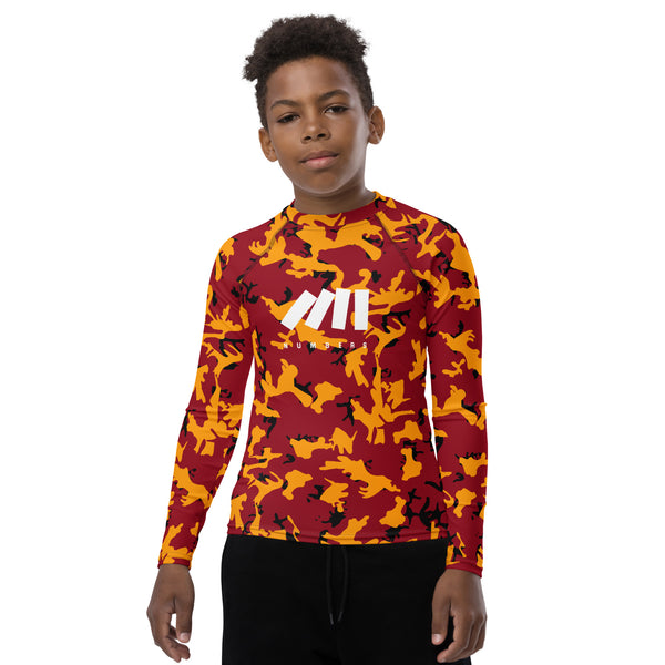 Athletic sports compression shirt for youth football, basketball, baseball, golf, softball etc similar to Nike, Under Armour, Adidas, Sleefs, printed with camouflage maroon, yellow and black USC Trojans colors