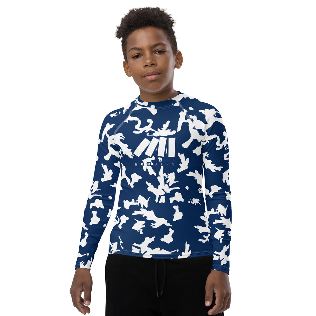 Athletic sports compression shirt for youth football, basketball, baseball, golf, softball etc similar to Nike, Under Armour, Adidas, Sleefs, printed with camouflage blue and white BYU Cougars colors