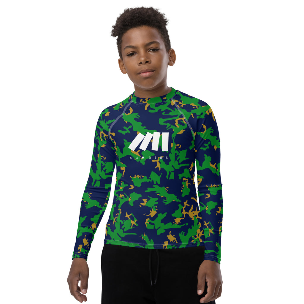 Athletic sports compression shirt for youth football, basketball, baseball, golf, softball etc similar to Nike, Under Armour, Adidas, Sleefs, printed with camouflage blue, green and gold Notre Dame Fighting Irish colors