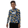 Athletic sports compression shirt for youth football, basketball, baseball, golf, softball etc similar to Nike, Under Armour, Adidas, Sleefs, printed with camouflage blue, gold and white Milwaukee Brewers colors