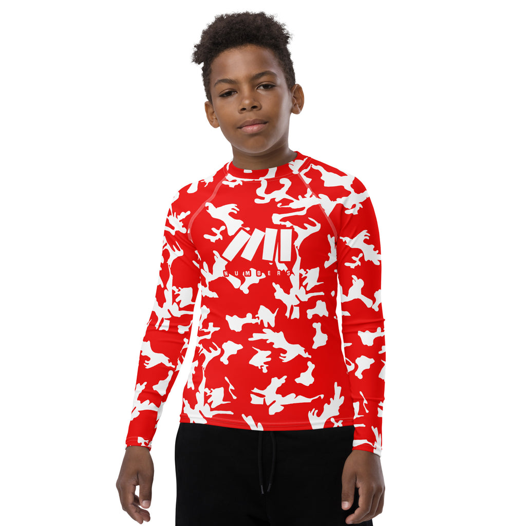 Athletic sports compression shirt for youth football, basketball, baseball, golf, softball etc similar to Nike, Under Armour, Adidas, Sleefs, printed with camouflage red and white Houston Rockets colors