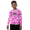 Athletic sports compression shirt for youth football, basketball, baseball, golf, softball etc similar to Nike, Under Armour, Adidas, Sleefs, printed with camouflage pink, black and white colors