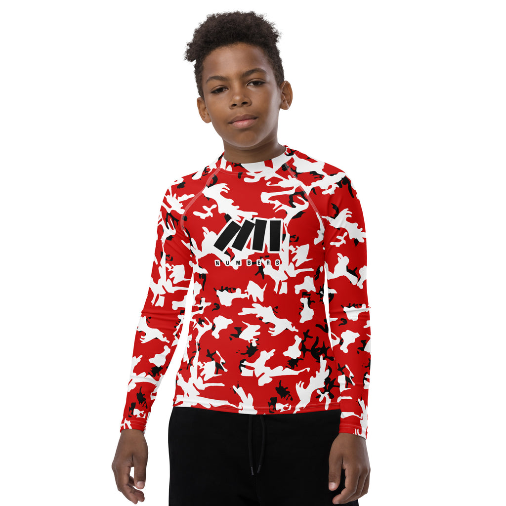 Athletic sports compression shirt for youth football, basketball, baseball, golf, softball etc similar to Nike, Under Armour, Adidas, Sleefs, printed with camouflage red, black and white Utah Utes colors
