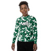 Athletic sports compression shirt for youth football, basketball, baseball, golf, softball etc similar to Nike, Under Armour, Adidas, Sleefs, printed with camouflage green, black and white New York Jets colors
