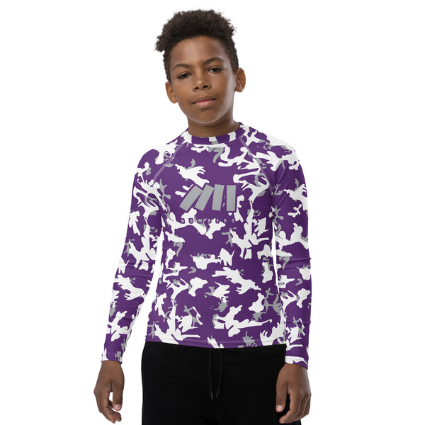 Athletic sports compression shirt for youth football, basketball, baseball, golf, softball etc similar to Nike, Under Armour, Adidas, Sleefs, printed with camouflage purple, gray and white TCU Horned Frogs colors