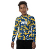 Athletic sports compression shirt for youth football, basketball, baseball, golf, softball etc similar to Nike, Under Armour, Adidas, Sleefs, printed with camouflage navy blue, yellow and white Indiana Pacers colors