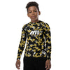 Athletic sports compression shirt for youth football, basketball, baseball, golf, softball etc similar to Nike, Under Armour, Adidas, Sleefs, printed with camouflage black, gold and white New Orleans Saints colors