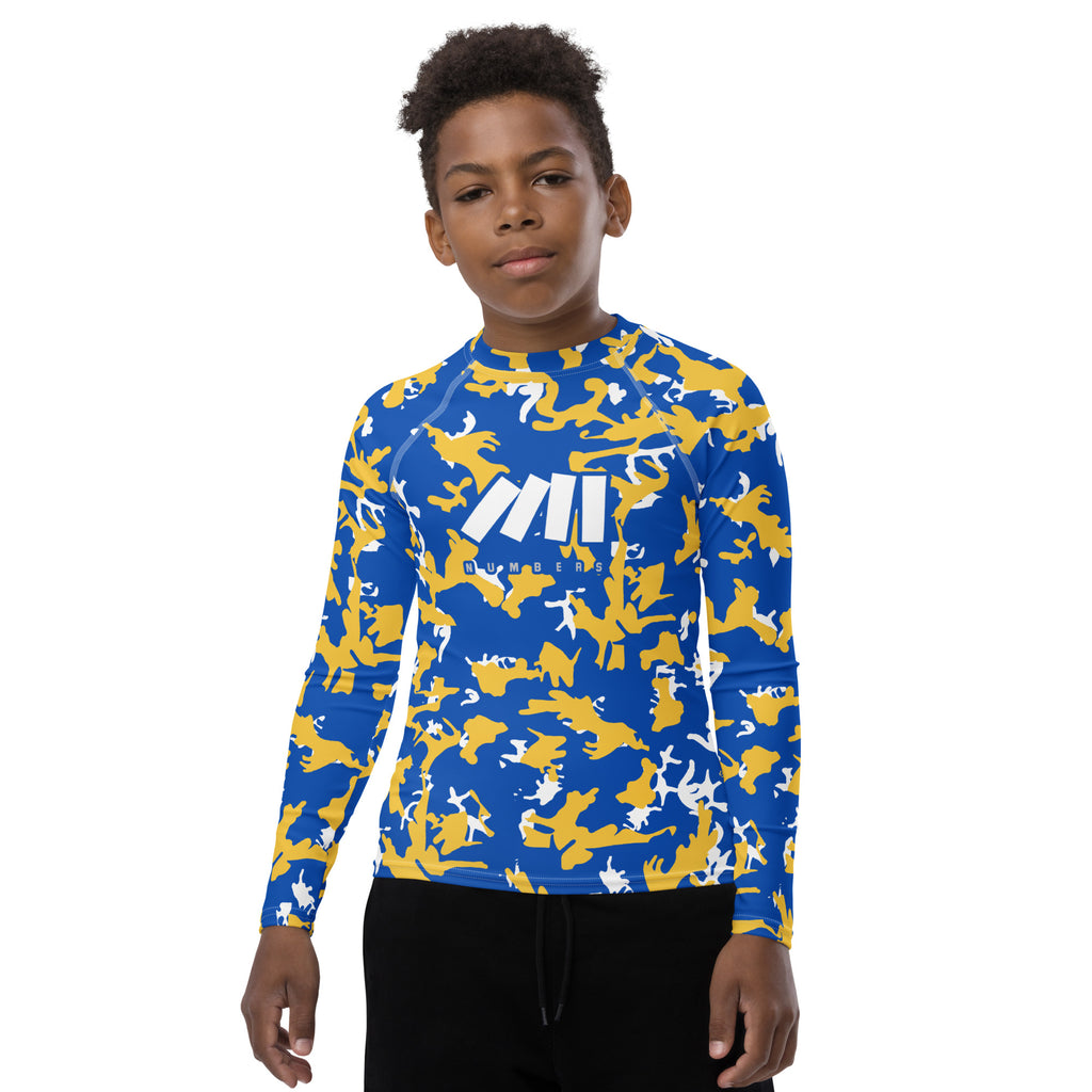 Athletic sports compression shirt for youth football, basketball, baseball, golf, softball etc similar to Nike, Under Armour, Adidas, Sleefs, printed with camouflage blue, yellow, and white Golden State Warriors colors