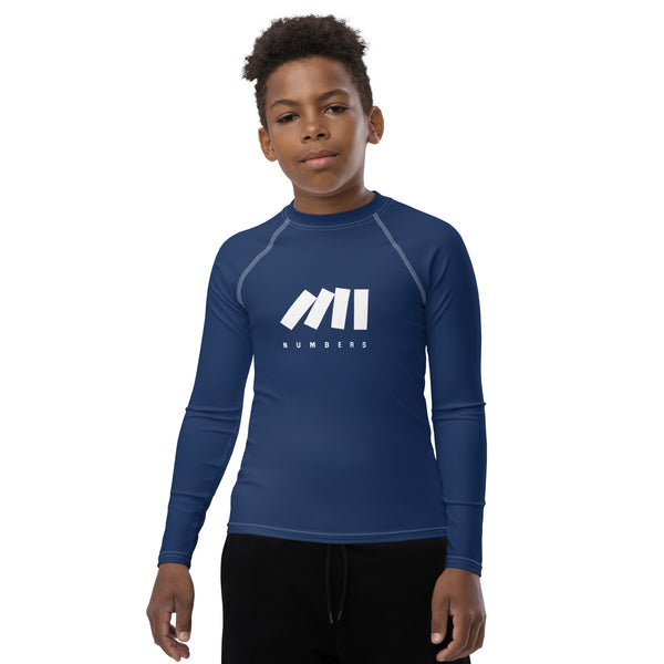 Athletic sports compression shirt for youth football, basketball, baseball, golf, softball etc similar to Nike, Under Armour, Adidas, Sleefs, printed in the color navy blue