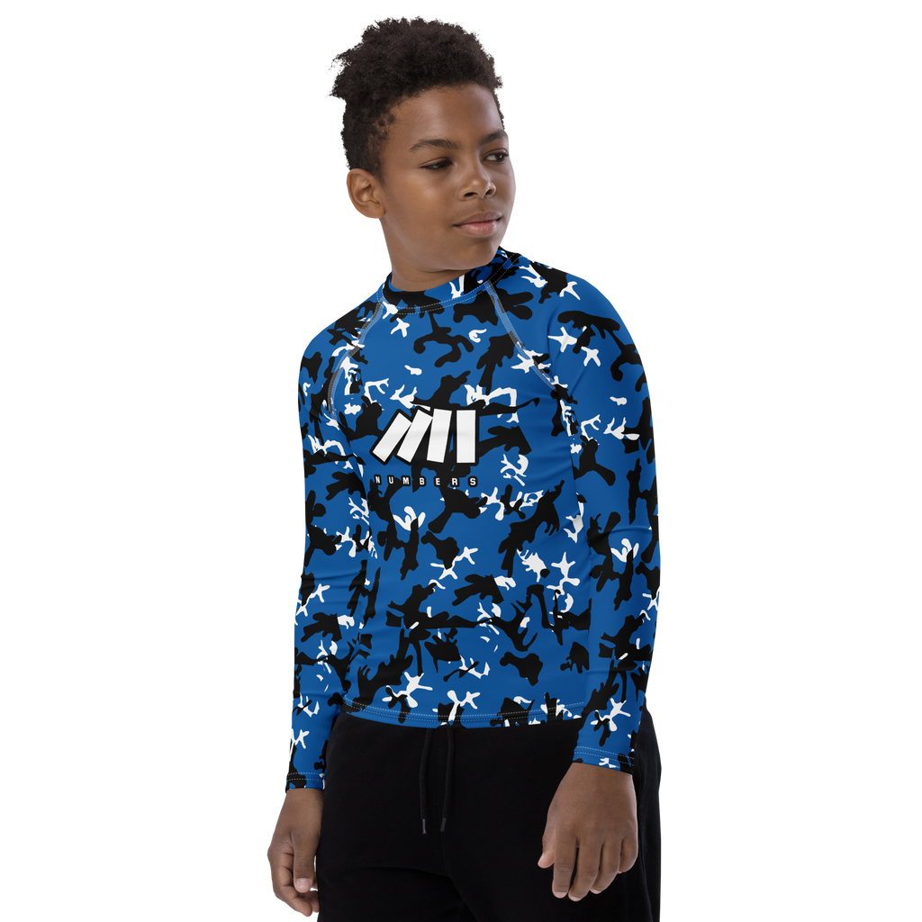 Athletic sports compression shirt for youth and kids football, basketball, baseball, cycling, softball etc printed with camouflage blue, black, white colors