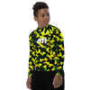 Athletic sports compression shirt for youth football, basketball, baseball, golf, softball etc similar to Nike, Under Armour, Adidas, Sleefs, printed with camouflage fluorescent yellow, green, and black Oregon Ducks colors