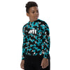 Athletic sports compression shirt for youth football, basketball, baseball, golf, softball etc similar to Nike, Under Armour, Adidas, Sleefs, printed with camouflage blue, turquoise and white Florida Marlins colors