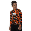 Athletic sports compression shirt for youth football, basketball, baseball, golf, softball etc similar to Nike, Under Armour, Adidas, Sleefs, printed with camouflage orange, black white Cincinnati Bengals colors