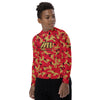 Athletic sports compression shirt for youth football, basketball, baseball, golf, softball etc similar to Nike, Under Armour, Adidas, Sleefs, printed with camouflage red, gold and black San Francisco 49'ers colors