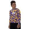 Athletic sports compression shirt for youth football, basketball, baseball, golf, softball etc similar to Nike, Under Armour, Adidas, Sleefs, printed with camouflage purple, yellow and white LSU Tigers colors