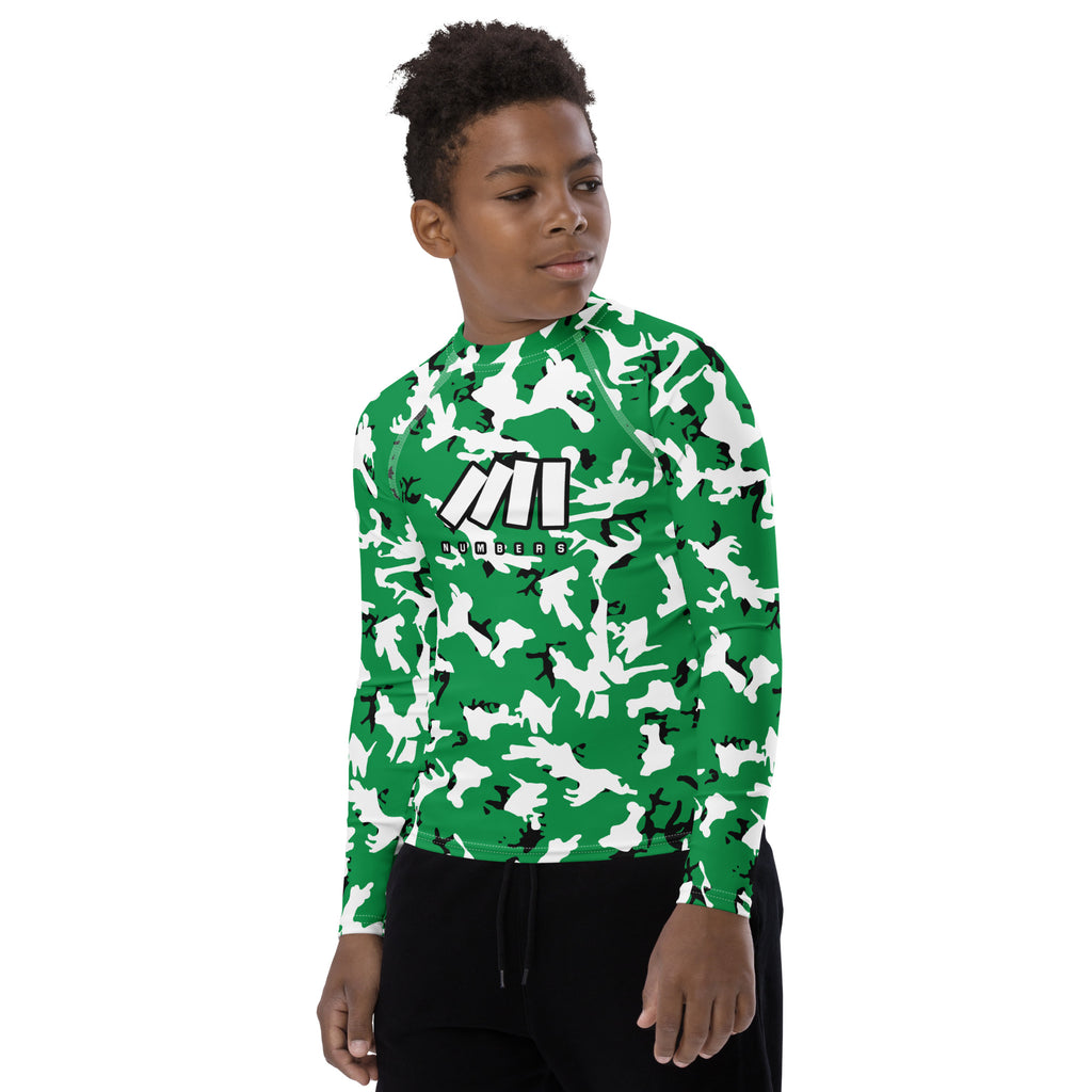 Athletic sports compression shirt for youth football, basketball, baseball, golf, softball etc similar to Nike, Under Armour, Adidas, Sleefs, printed with camouflage green, black and white Boston Celtics colors