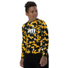 Athletic sports compression shirt for youth football, basketball, baseball, golf, softball etc similar to Nike, Under Armour, Adidas, Sleefs, printed with camouflage black, yellow and white Pittsburgh Steelers colors